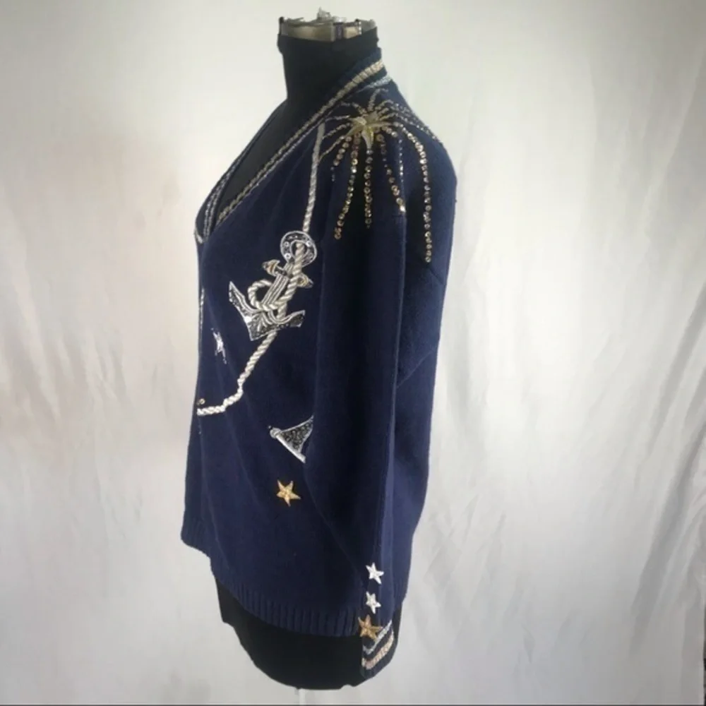 80’s Vintage ‘Joyce’ Nautical Theme Embellished V-Neck Sweater
